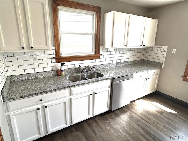 102 E 1st St, Waterloo, IL 62298 - kitchen featuring dishwasher, a sink, decorative backsplash, white cabinets, and dark wood-type flooring