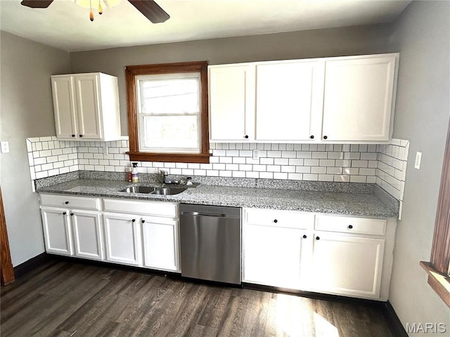 102 E 1st St, Waterloo, IL 62298 - kitchen with dishwasher, a sink, dark wood-style floors, white cabinets, and ceiling fan