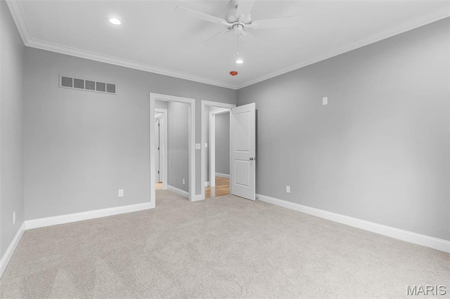9870 E Concord Rd, Saint Louis, MO 63128 - unfurnished bedroom with recessed lighting, light colored carpet, ornamental molding, baseboards, and ceiling fan