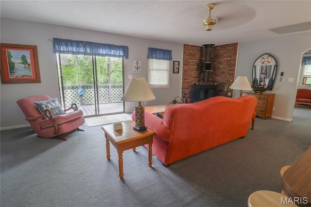 1207 Napoleon Dr, Bonne Terre, MO 63628 - living room with a wood stove, carpet floors, and a textured ceiling