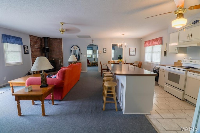 1207 Napoleon Dr, Bonne Terre, MO 63628 - kitchen with white appliances, under cabinet range hood, a wood stove, a ceiling fan, and a textured ceiling