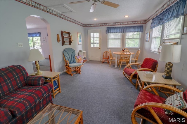 1207 Napoleon Dr, Bonne Terre, MO 63628 - living area featuring carpet, arched walkways, a ceiling fan, and recessed lighting