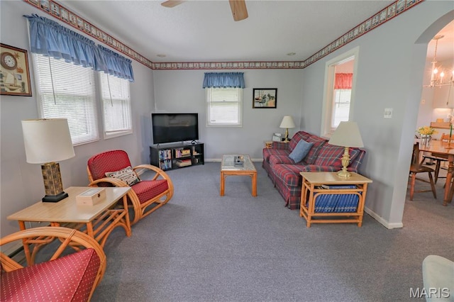 1207 Napoleon Dr, Bonne Terre, MO 63628 - living area with arched walkways, plenty of natural light, carpet floors, and ceiling fan