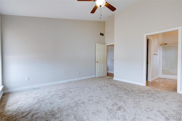 190 Bay Meadow Cir, Moro, IL 62067 - unfurnished bedroom with carpet, baseboards, high vaulted ceiling, and a ceiling fan