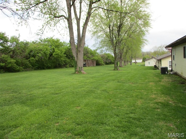 view of grassy yard featuring central air condition unit