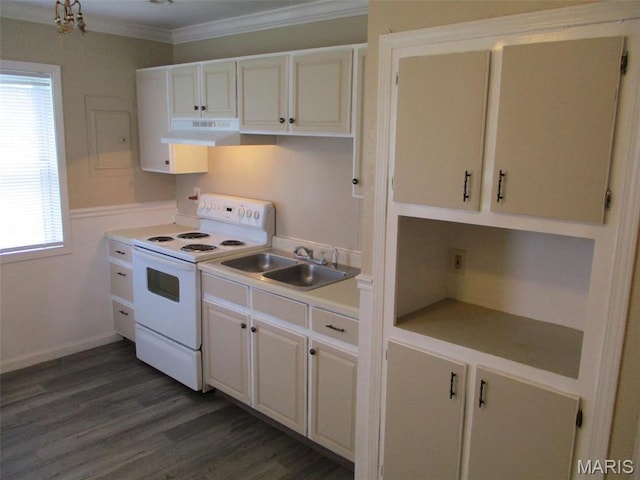 kitchen with white electric range, a sink, ornamental molding, exhaust hood, and dark wood-type flooring
