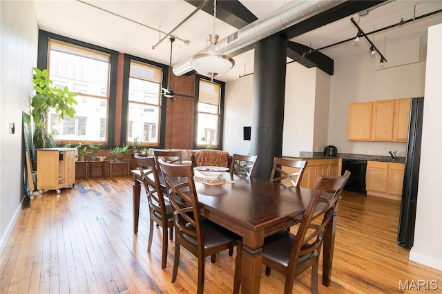 1520 Washington Ave Unit 604, Saint Louis, MO 63103 - dining area with light wood-style floors, rail lighting, and baseboards