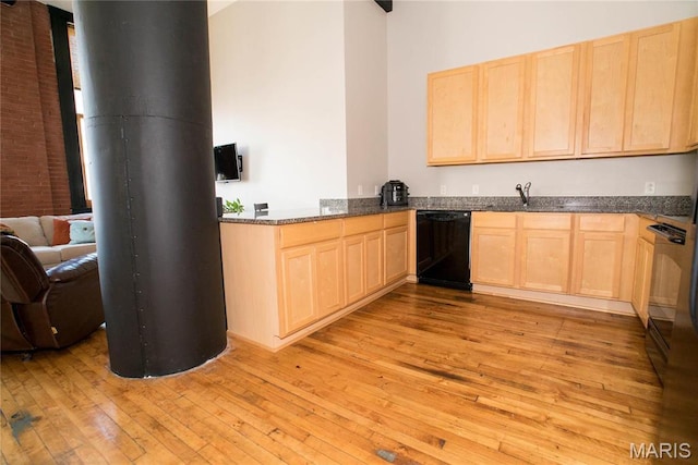 1520 Washington Ave Unit 604, Saint Louis, MO 63103 - kitchen with light brown cabinetry, dishwasher, light wood-type flooring, dark stone counters, and a sink