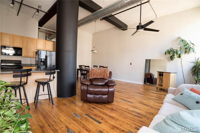 1520 Washington Ave Unit 604, Saint Louis, MO 63103 - living room with a high ceiling, track lighting, hardwood / wood-style floors, ceiling fan, and a wood stove