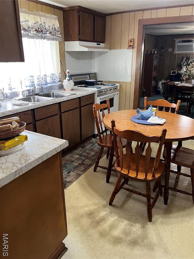 316 Bellvue St, Steele, MO 63877 - kitchen featuring white range with electric stovetop, under cabinet range hood, a sink, light countertops, and an AC wall unit