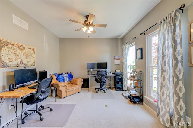 1024 Brook Mont Dr, Ofallon, MO 63366 - office area featuring ceiling fan, carpet floors, and baseboards