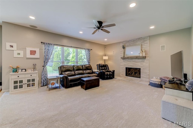 1024 Brook Mont Dr, Ofallon, MO 63366 - living area featuring carpet floors, ceiling fan, a fireplace, and recessed lighting