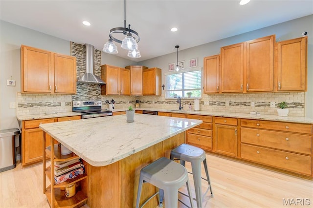 1024 Brook Mont Dr, Ofallon, MO 63366 - kitchen featuring wall chimney range hood, electric range, open shelves, a sink, and light wood-style floors
