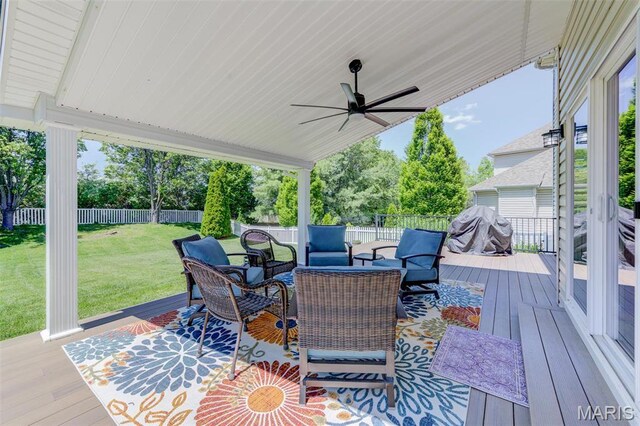 1024 Brook Mont Dr, Ofallon, MO 63366 - wooden deck with outdoor lounge area, ceiling fan, and grilling area