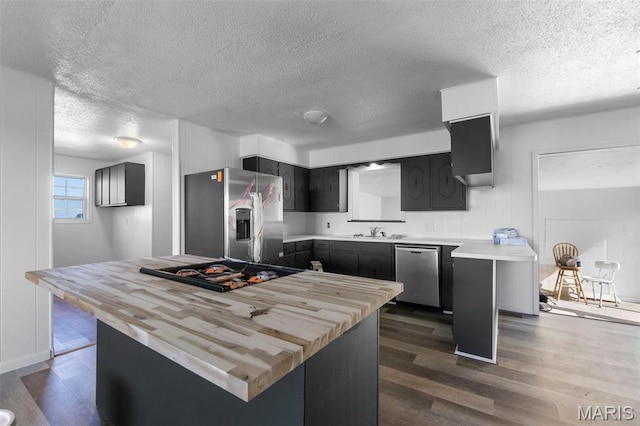 2112 County Highway 264, Gideon, MO 63848 - kitchen with stainless steel appliances, dark wood-style flooring, a textured ceiling, a sink, and butcher block countertops