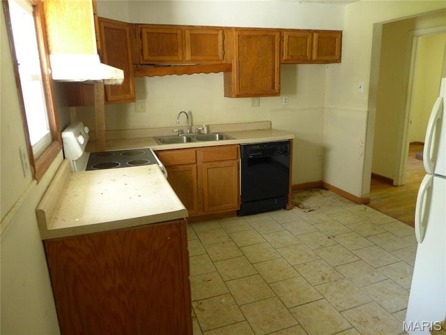 340 Wedge Dr, Saint Louis, MO 63135 - kitchen featuring a sink, dishwasher, range with electric stovetop, ventilation hood, and brown cabinets