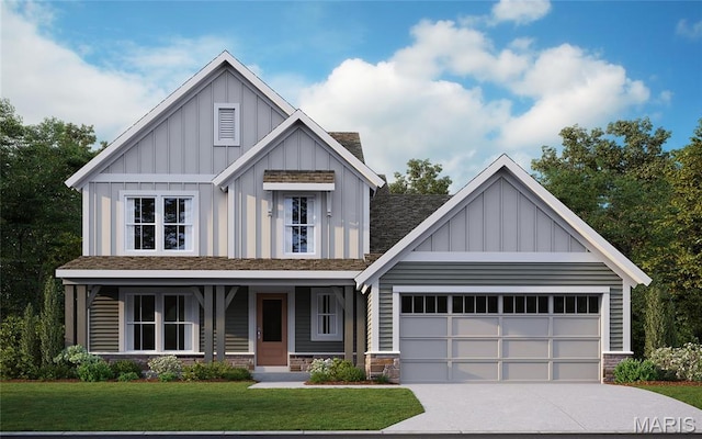 6726 Snowy Owl Ln, Affton, MO 63123 - view of front of home featuring board and batten siding, a front yard, a garage, and driveway