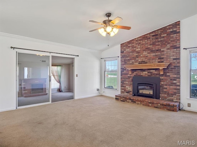 4522 Meadow Ln, Red Bud, IL 62278 - unfurnished living room with a brick fireplace, carpet, ceiling fan, lofted ceiling, and baseboards