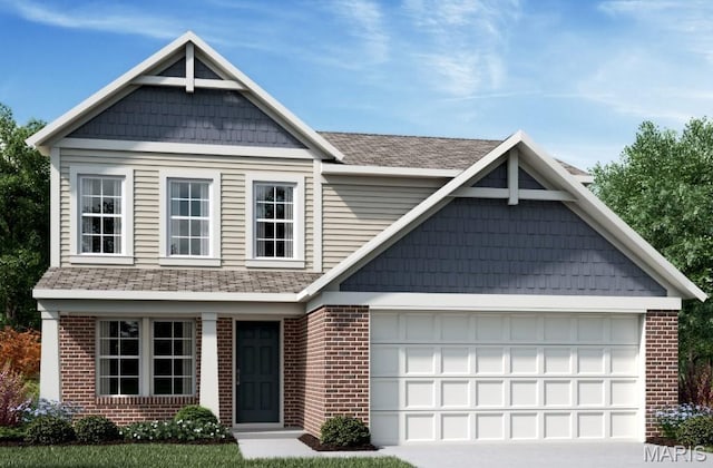 craftsman house with brick siding, driveway, and a shingled roof