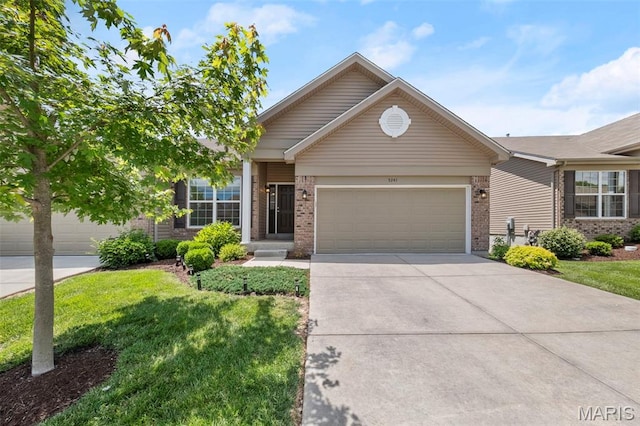 5341 Trailhead Ct, Eureka, MO 63025 - ranch-style house featuring brick siding, concrete driveway, an attached garage, and a front lawn