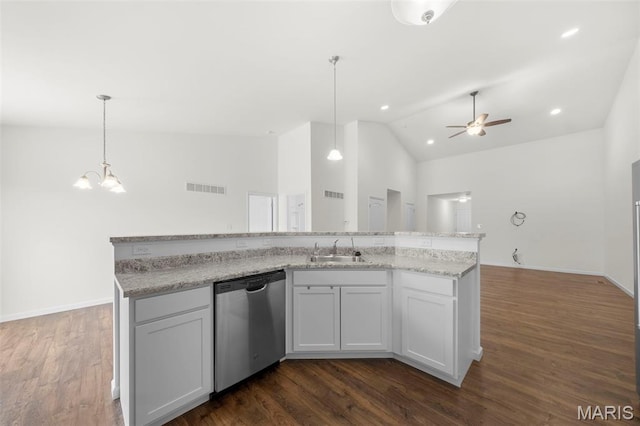 5341 Trailhead Ct, Eureka, MO 63025 - kitchen with dishwasher, a sink, a ceiling fan, dark wood-type flooring, and open floor plan