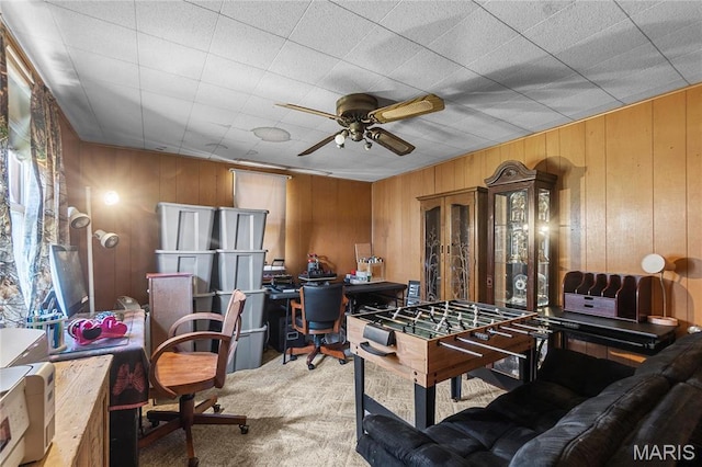 1821 Pcr 916, Perryville, MO 63775 - playroom featuring an office area, carpet flooring, a ceiling fan, and wooden walls