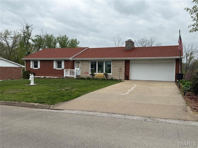 455 Country Club Dr, Hannibal, MO 63401 - ranch-style house featuring driveway, a garage, a chimney, a front lawn, and brick siding