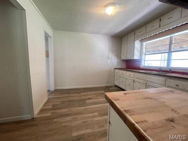 2317 Pike St, Poplar Bluff, MO 63901 - kitchen with wood finished floors, a textured ceiling, baseboards, a sink, and white cabinets