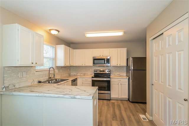 4007 Lafayette Ave, Saint Louis, MO 63110 - kitchen featuring appliances with stainless steel finishes, a sink, light wood-style floors, a peninsula, and backsplash
