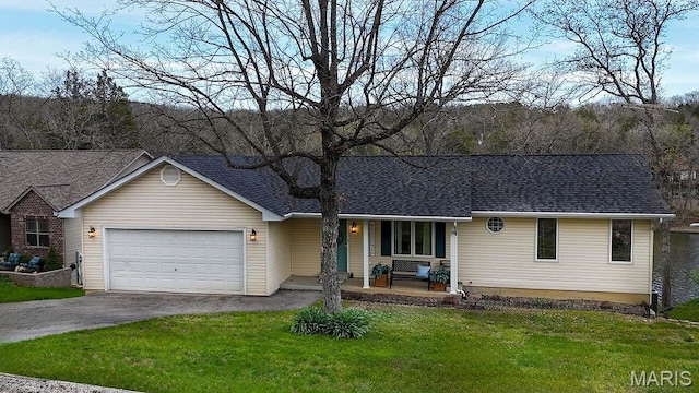 632 N Lafitte Dr, Bonne Terre, MO 63628 - ranch-style house featuring a porch, driveway, a garage, a front yard, and a shingled roof