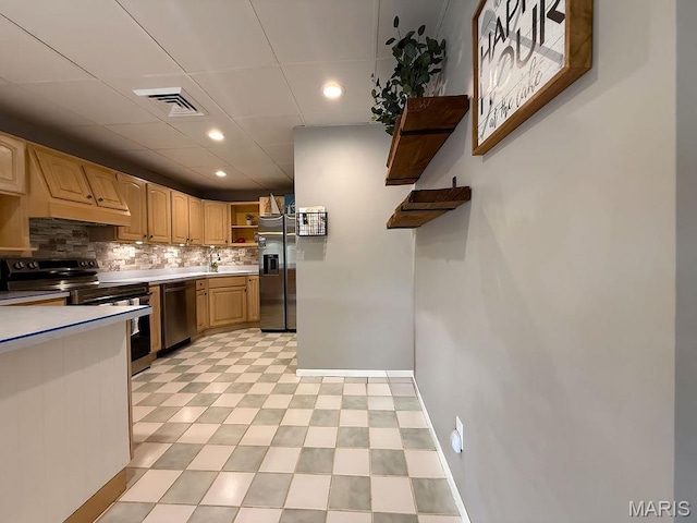 632 N Lafitte Dr, Bonne Terre, MO 63628 - kitchen with open shelves, appliances with stainless steel finishes, light countertops, baseboards, and recessed lighting