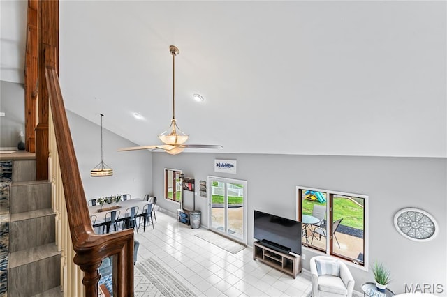 632 N Lafitte Dr, Bonne Terre, MO 63628 - tiled living area with high vaulted ceiling and ceiling fan