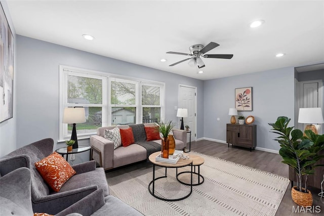 449 Hillcrest Blvd, Ballwin, MO 63021 - living room with recessed lighting, wood finished floors, a ceiling fan, and baseboards