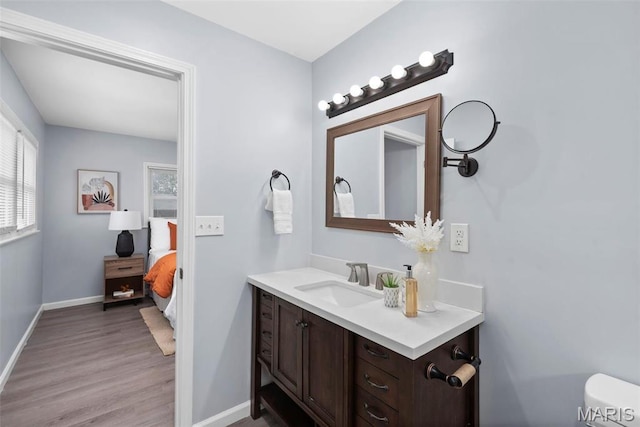 449 Hillcrest Blvd, Ballwin, MO 63021 - ensuite bathroom featuring healthy amount of natural light, wood finished floors, vanity, and baseboards