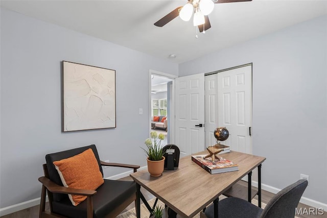 449 Hillcrest Blvd, Ballwin, MO 63021 - office area with a ceiling fan, baseboards, and wood finished floors