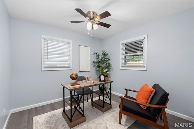 449 Hillcrest Blvd, Ballwin, MO 63021 - home office with wood finished floors, baseboards, and a ceiling fan