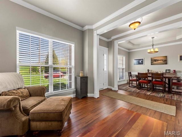 1509 Cedar Ridge Dr, Ofallon, IL 62269 - living room featuring dark wood finished floors, baseboards, ornamental molding, and a raised ceiling