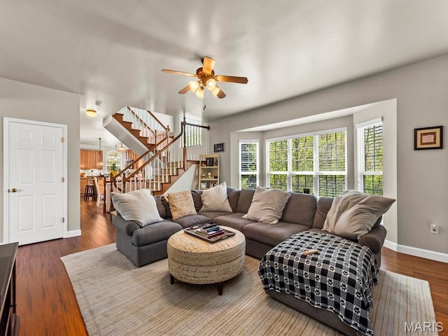 1509 Cedar Ridge Dr, Ofallon, IL 62269 - living room with stairs, baseboards, ceiling fan, and wood finished floors