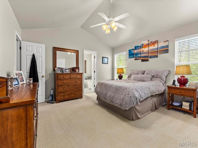 1509 Cedar Ridge Dr, Ofallon, IL 62269 - bedroom featuring light carpet, multiple windows, lofted ceiling, connected bathroom, and a ceiling fan