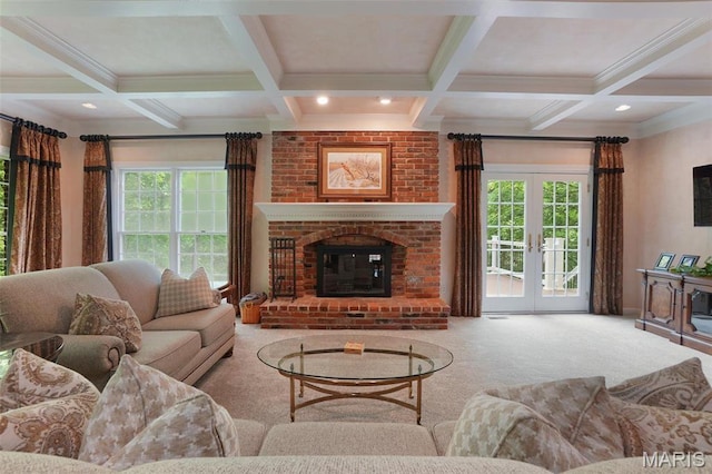 1508 Pacland Ridge Ct, Chesterfield, MO 63005 - living room with carpet floors, beamed ceiling, healthy amount of natural light, coffered ceiling, and crown molding