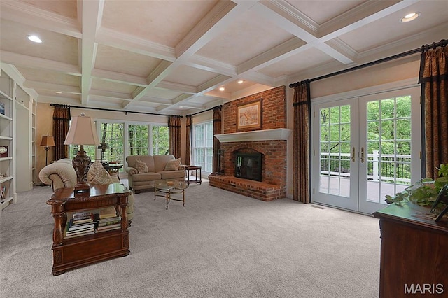 1508 Pacland Ridge Ct, Chesterfield, MO 63005 - living area with carpet, coffered ceiling, beamed ceiling, french doors, and recessed lighting