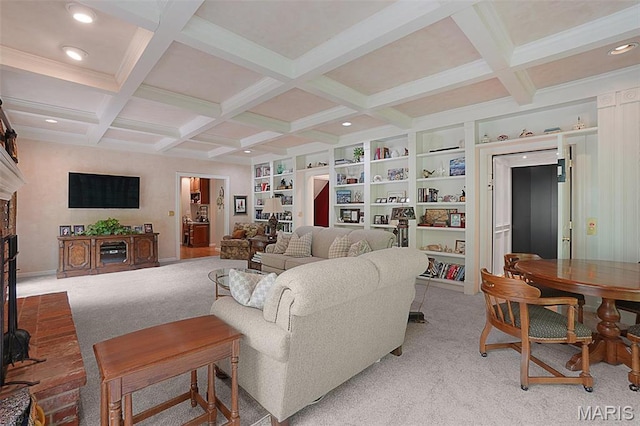 1508 Pacland Ridge Ct, Chesterfield, MO 63005 - living room with light colored carpet, coffered ceiling, beam ceiling, a brick fireplace, and recessed lighting