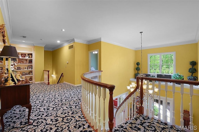 1508 Pacland Ridge Ct, Chesterfield, MO 63005 - hall with an upstairs landing, baseboards, carpet, crown molding, and recessed lighting