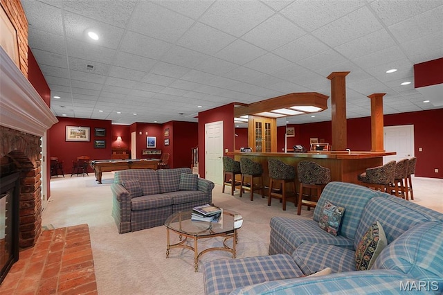 1508 Pacland Ridge Ct, Chesterfield, MO 63005 - carpeted living area with a fireplace, billiards, bar area, a drop ceiling, and recessed lighting