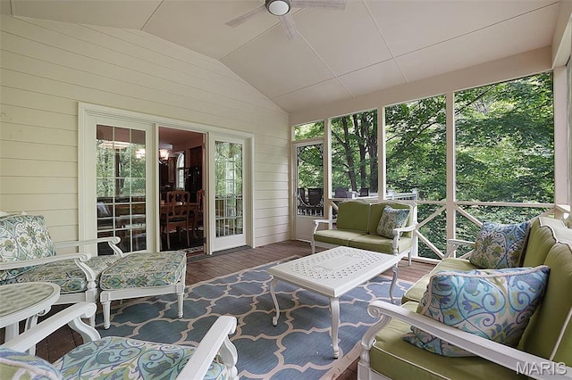 1508 Pacland Ridge Ct, Chesterfield, MO 63005 - sunroom / solarium featuring lofted ceiling, a ceiling fan, plenty of natural light, and outdoor lounge area