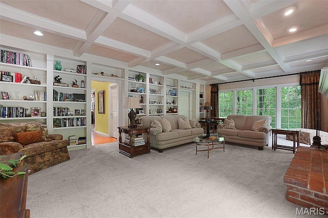 1508 Pacland Ridge Ct, Chesterfield, MO 63005 - living area featuring carpet flooring, beamed ceiling, coffered ceiling, recessed lighting, and built in shelves