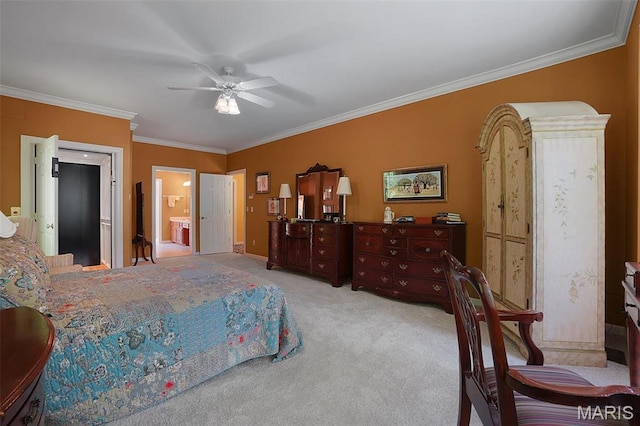 1508 Pacland Ridge Ct, Chesterfield, MO 63005 - bedroom with light colored carpet, ornamental molding, ensuite bathroom, and a ceiling fan