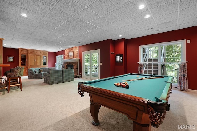 1508 Pacland Ridge Ct, Chesterfield, MO 63005 - recreation room with carpet flooring, a brick fireplace, billiards table, recessed lighting, and a drop ceiling