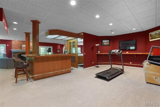 1508 Pacland Ridge Ct, Chesterfield, MO 63005 - workout room with carpet floors, a paneled ceiling, recessed lighting, and decorative columns