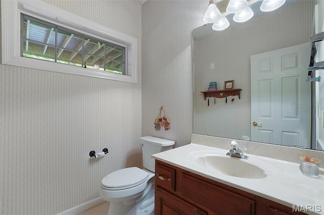 1508 Pacland Ridge Ct, Chesterfield, MO 63005 - half bath with wallpapered walls, vanity, a chandelier, and tile patterned flooring